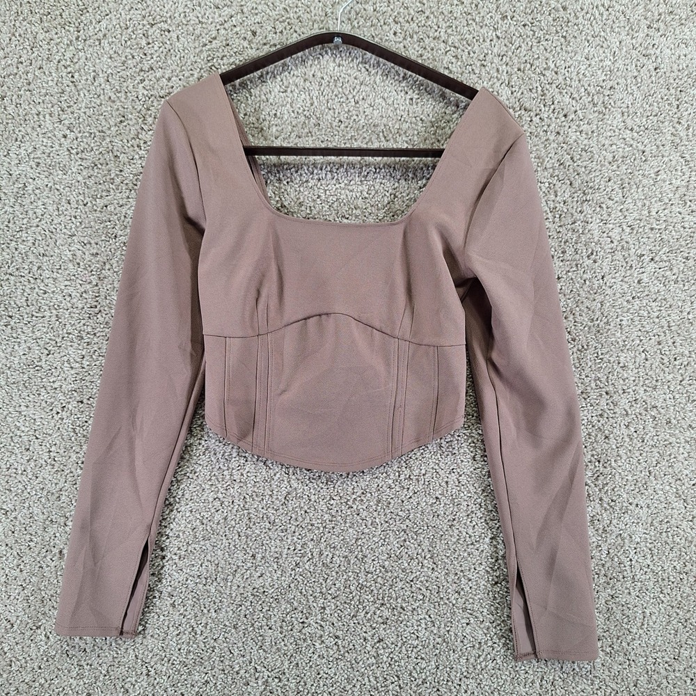 Abercrombie & Fitch Crop Corset Top Women's Medium Taupe Slit Sleeve Square Neck